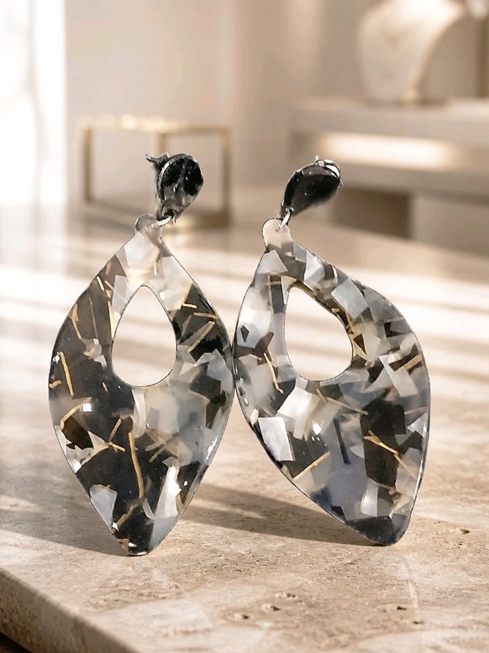 Marbled Black & Gold Fleck Resin Teardrop Earrings